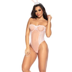 Sexy Bunny Underwire Bodysuit W/lace Up Back & Head Piece Pink